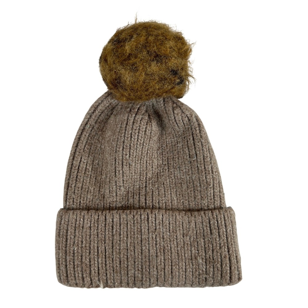 Norla Canada Alpaca Wool Blend Ribbed Knit Cuffed Beanie Pom Pom Hat Taupe Brown